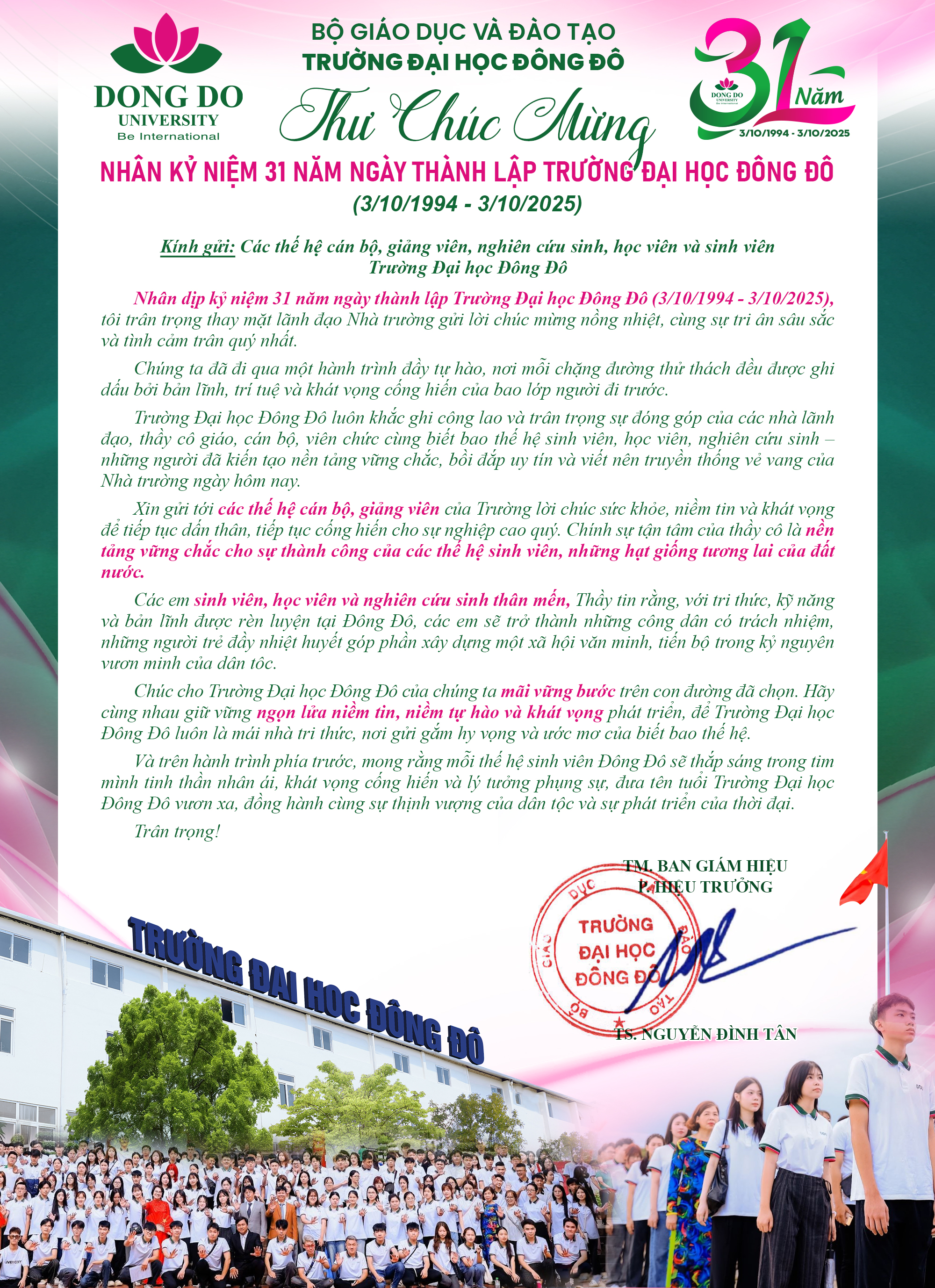 Thư chúc mừng Nhân kỷ niệm 31 năm ngày thành lập Trường Đại học Đông Đô 03/10/1994 - 03/10/2025